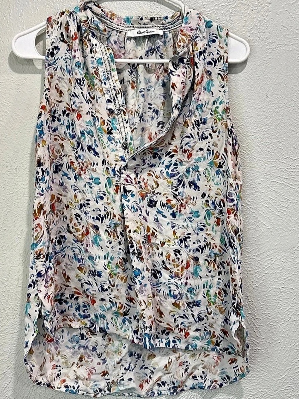Robert Graham Silk Abstract Print Blouse in White & Blue Like New